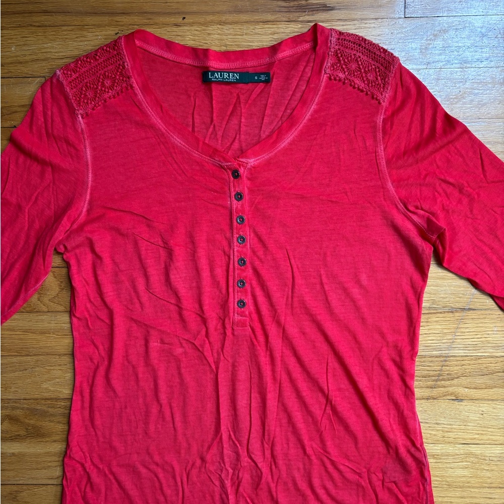 Lauren Ralph Lauren Womens 3/4 Sleeve Sm Red Crochet Lace Shoulder Cotton Shirt